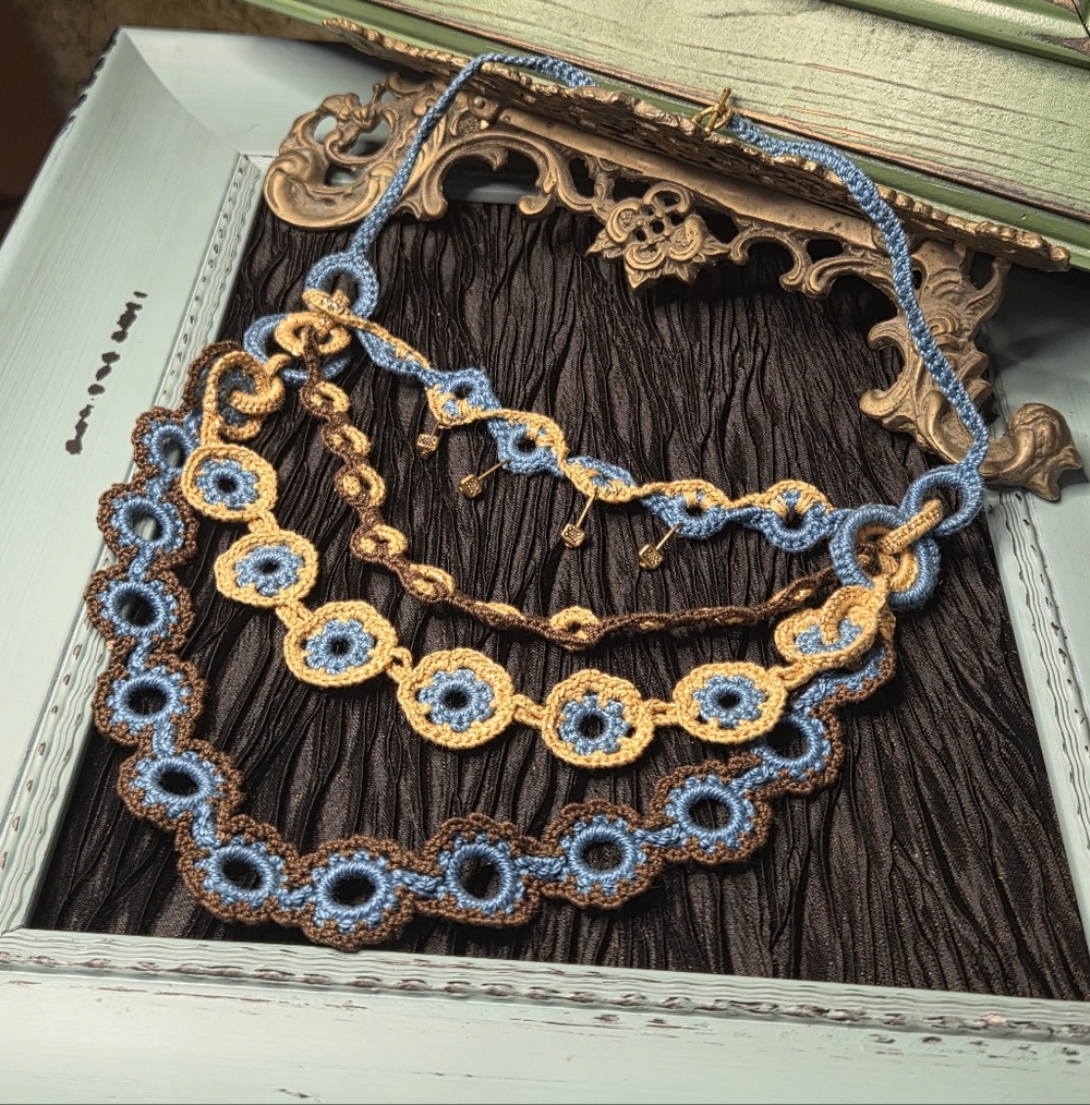 Handcrafted Blue and Gold Crochet Necklace - Picture 3 of 9
